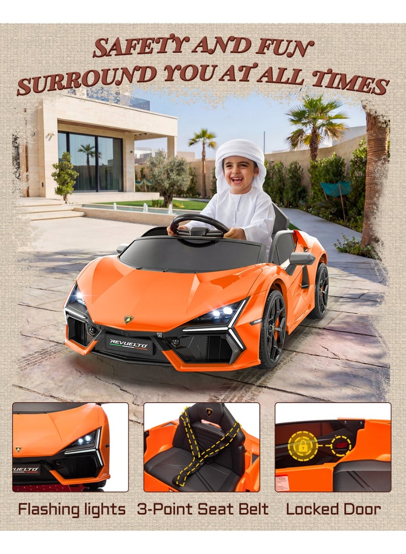 فيرست رايد أون - لعبة سيارة ركوب لامبورجيني ريفويلتو مرخصة 12 فولت، قيادة للأطفال، مع جهاز تحكم عن بعد، ألعاب ركوب للأطفال الصغار مع حزام أمان ثلاثي النقاط، 3 سرعات، بلوتوث (برتقالي) - Image 4